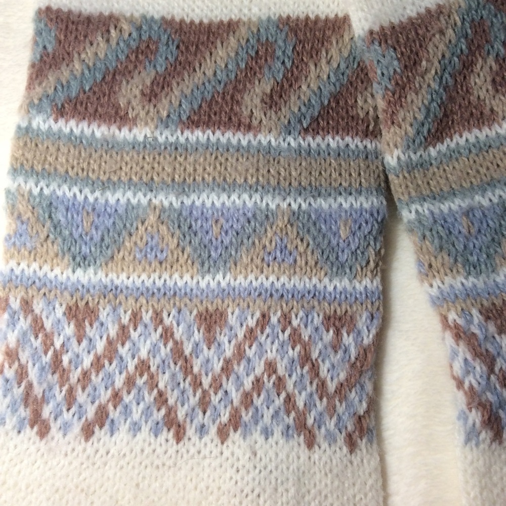 Vintage Hansen Knit Nordic Patterned Scarf Ivory Tan Gray Green